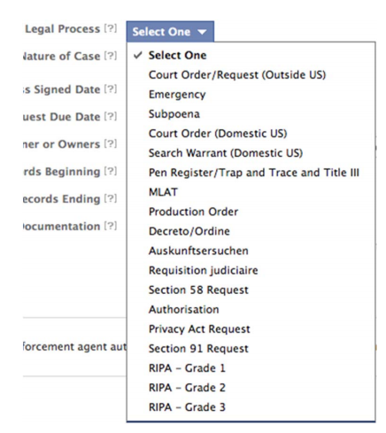 Screenshot from Facebook Law Enforcement Portal